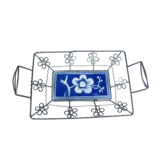 Wire Basket Blue Floral Ceramic Centerpiece Rustic Farmhouse 17 inch - Picture 1 of 10